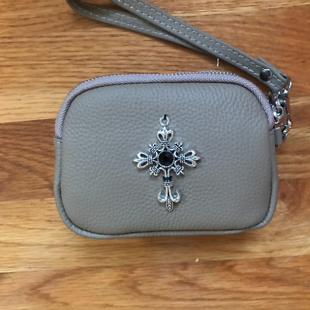 Gothic Cross Victorian Steampunk Small Light Brown Leather Clutch Bag Wallet